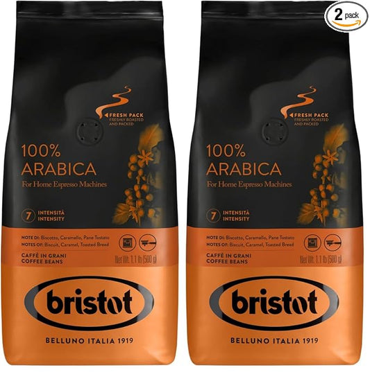 Bristot 100% Arabica Espresso Beans | Italian Espresso Beans | Medium Roast | 1.1lb/500g (Pack of 2)