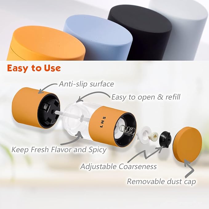 LHS Premium Salt and Pepper Grinder Set, Stainless Steel Salt Pepper Shakers Set, Refillable Peppercorn Grinder and Sea Salt Mill with Adjustable Coarseness for Kitchen Use - 4.6 Inches(Set of 4)