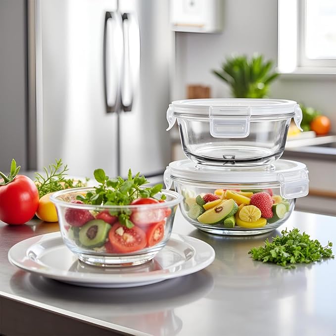 Small Round Glass Food Containers with lids, 12oz Round Food Storage Containers with Lid, 1.5 Cup Small Glass Food Containers with Lid BPA-Free, Microwave, Dishwasher, Freezer Safe (4 Pack)