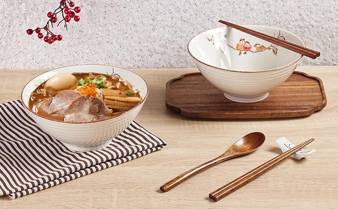 2 x 40 OZ ceramic ramen bowls, 8 IN large Japanese noodle soup bowl, match chopsticks and spoons, suitable for Pho, Udon Asian noodles (Flowers and birds 2 set)
