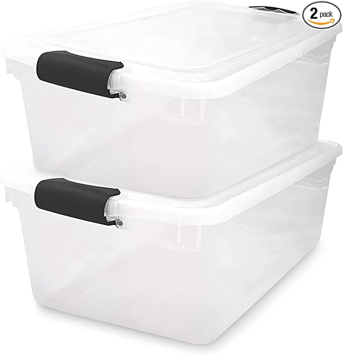 HOMZ 2-Pack Secure Latch, Clear Plastic Storage Organizer Bins, 64 Quart, Gray Latches - Stackable Container Boxes for Bedroom, Bathroom, Garage, and Office Organization