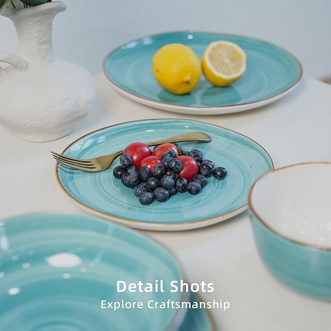 Highland 16-Piece Dinnerware Set Service for 4, Organic Shape Stoneware Plates and Bowls Set, Scratch Resistant, Microwave and Dishwasher Safe, Speckled Effect Handcrafted, Swirl Turquoise
