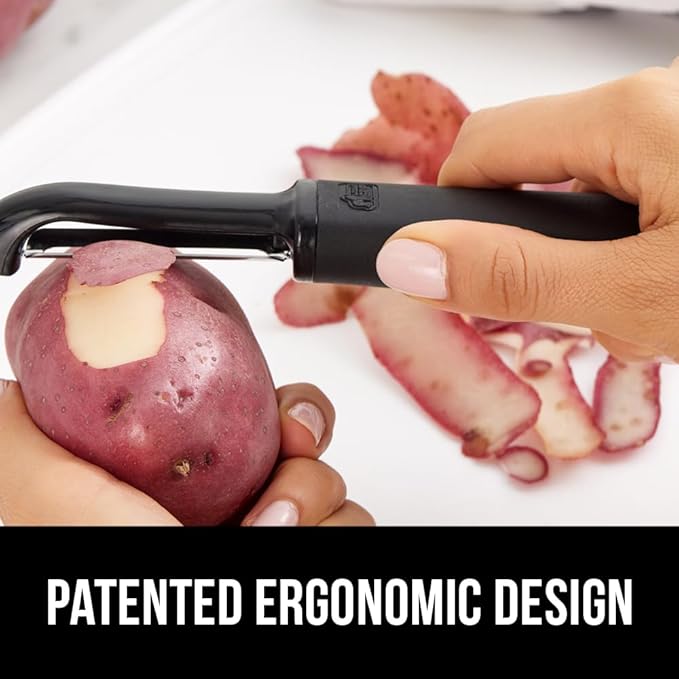 GORILLA GRIP Patented BPA-Free Sharp Stainless Steel Dual Swivel Vegetable Peeler, Soft Comfortable Handle, Smoothly Peel Apples Potatoes Carrots, Includes Blade Cover, Holiday Prep Essentials, Black