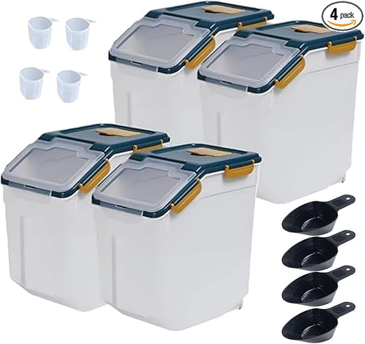 Large Flour Storage Container Bin 25lb, 4Pack Airtight Rice Storage Containers with Wheels Seal Locking Lid, BPA Free with Measuring Cup&Scoop for Flour, Rice, Grain(Blue)
