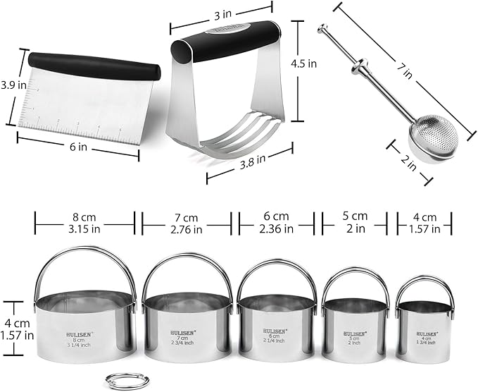 HULISEN Stainless Steel Biscuit Cutter Set, Flour Duster, Pastry Scraper and Dough Blender, Sturdy & Long-Lasting with Ergonomic Rubber Grip, Professional Baking Dough Tools, Gift Package (4 Pcs/Set)