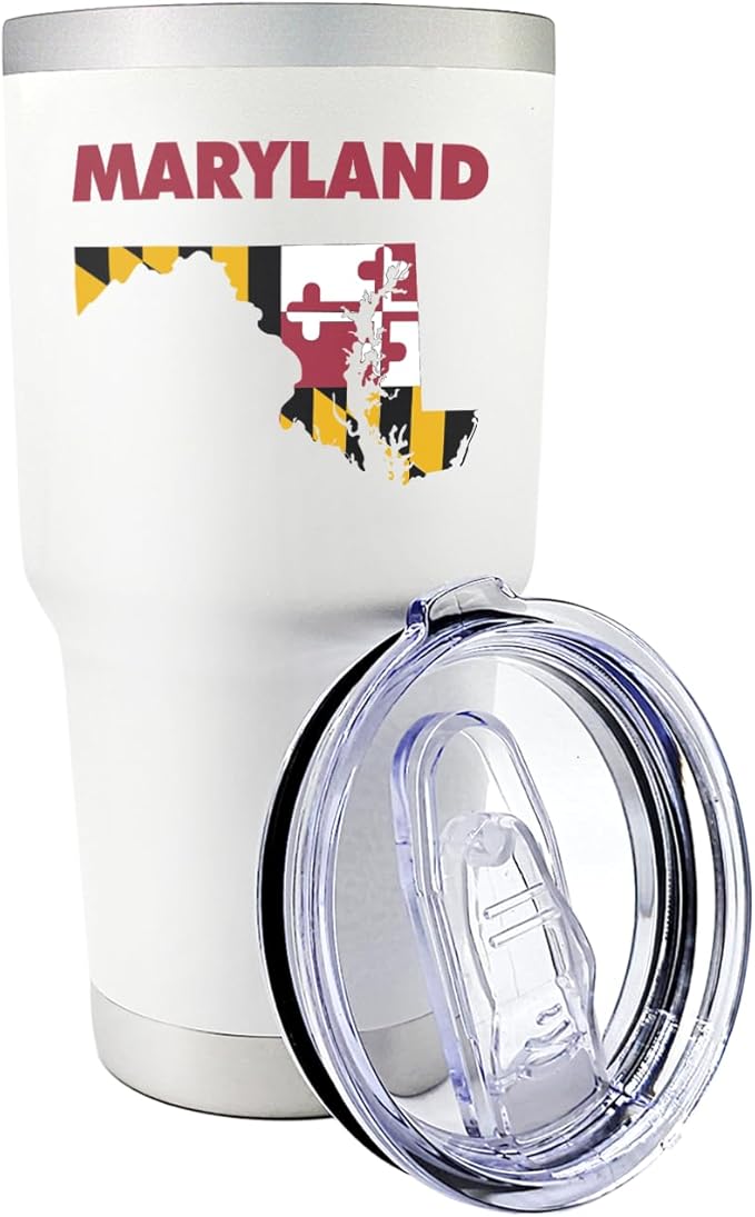 Premium 30 oz Maryland White Tumbler With Slider Lid - Insulated Featuring Map Design - Excellent Souvenir - Keeps Beverages Hot/Cold, Ideal for Coffee, Tea, Travel