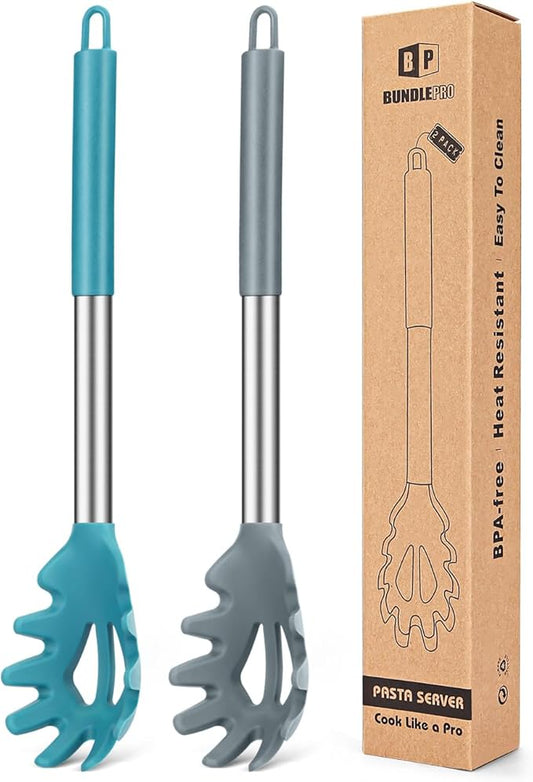Pack of 2 Silicone Pasta Fork, Kitchen Heat Resistant Noodle Spoon Server, BPA Free Spaghetti Strainer, Best Cooking Tools (GRAY-BLUE)
