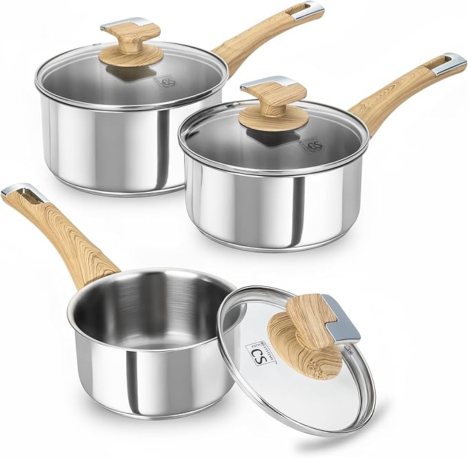 KOCH SYSTEME CS Stainless Steel Saucepan Set, 6 Piece 18/10 Stainless Steel Pots with Lids 1QT 2QT 3QT, Stay Cool Handles, 5 Layer Steel Base Heavy Duty Suce Pan Set, Induction Compatible