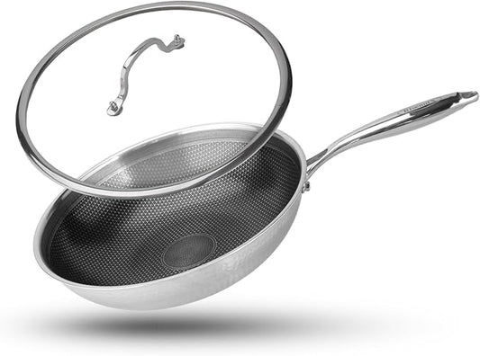 Hybrid Non Stick Wok, 13 inch Frying Pans Nonstick, Stainless Steel woks, PFOA Free Cookware, Dishwasher and Oven Safe, Induction Compatible