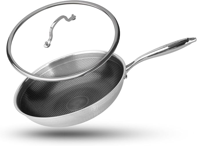 Hybrid Non Stick Wok, 12 inch Frying Pans Nonstick, Stainless Steel woks, PFOA Free Cookware, Dishwasher and Oven Safe, Induction Compatible