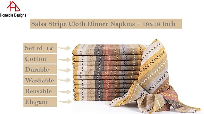 Multi Color Salsa Stripes Cotton Cloth Napkin Set of 12 - Durable Reusable Machine Washable for Dinner Table Décor, Wedding, Party, Bar, Cocktail, Everyday Use 18x18 Inch - Beige Multi