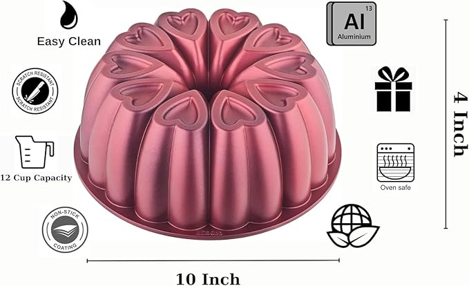 Heart Shape Cast Aluminum Molded Cake Pan, Titanium Coating, Non-Stick, 12 Cups, Heavy Duty, 10 Inch Pound Pan intended for Bundt Cakes, Gifts for Mom, Fluted Tube Pan, Easy to Clean (Red)