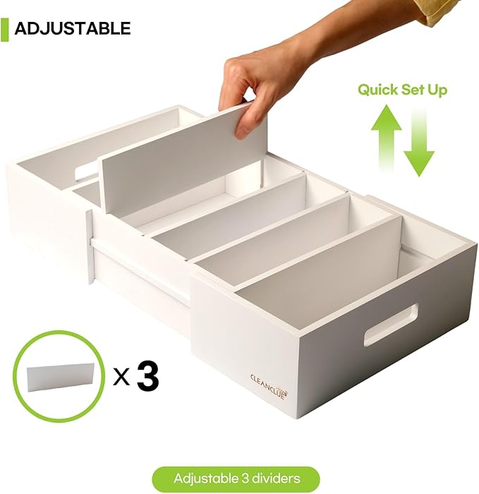Expandable Kitchen Cabinet Organizer for Food Storage Container Lids, Bamboo Drawer Caddy Adjustable Dividers, Box for Kitchen Storage and Organization, Lids Organizer for Cabinet (White)