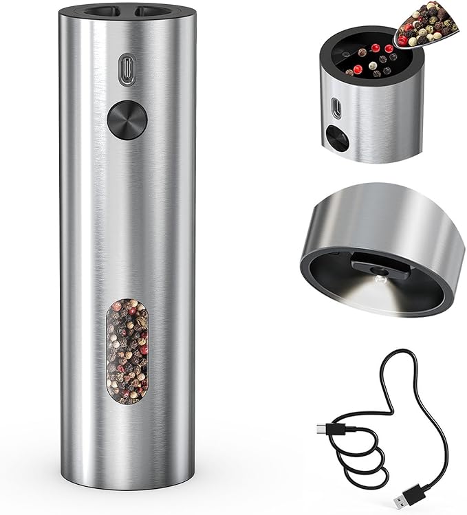 CIRCLE JOY Rechargeable Electric Pepper Grinder, Automatic Stainless Steel Pepper Mill Grinder with 110ml Container, Adjustable Coarseness and White LED Light, Silver