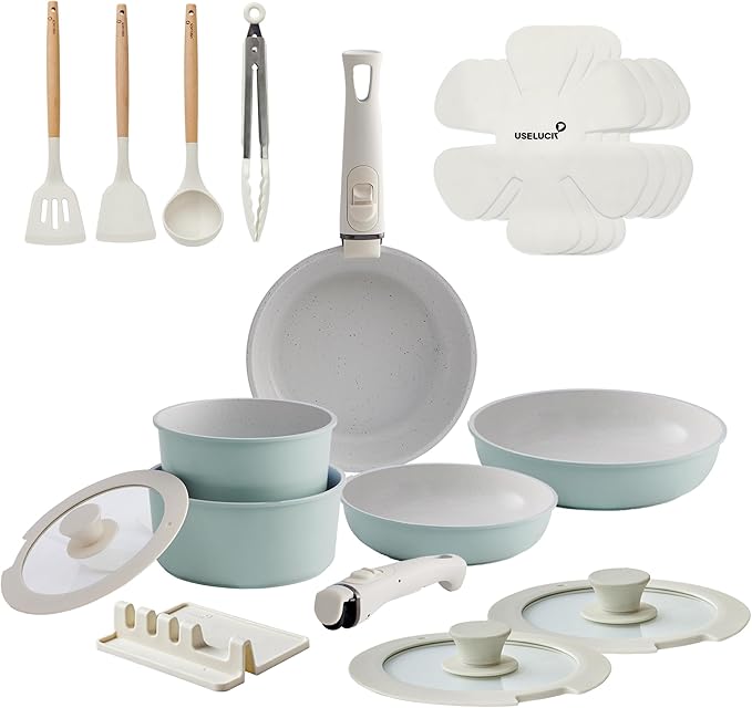 Pots and Pans Set Healthy Non toxic Non Stick Ceramic Cookware Set 21 Pcs Detachable Handles, Oven Safe, Induction Dishwasher, Stackable Frying Pan (PFOS, PFOA Free),Green