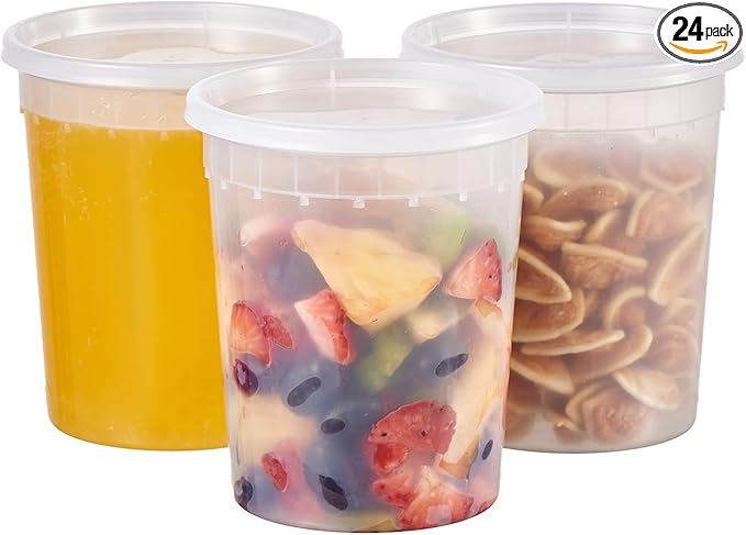 32 oz. Plastic Deli Containers With Lids, 24 Sets - Leakproof, Stackable, BPA Free, Microwavable, Freezer Safe (Formerly FULING)