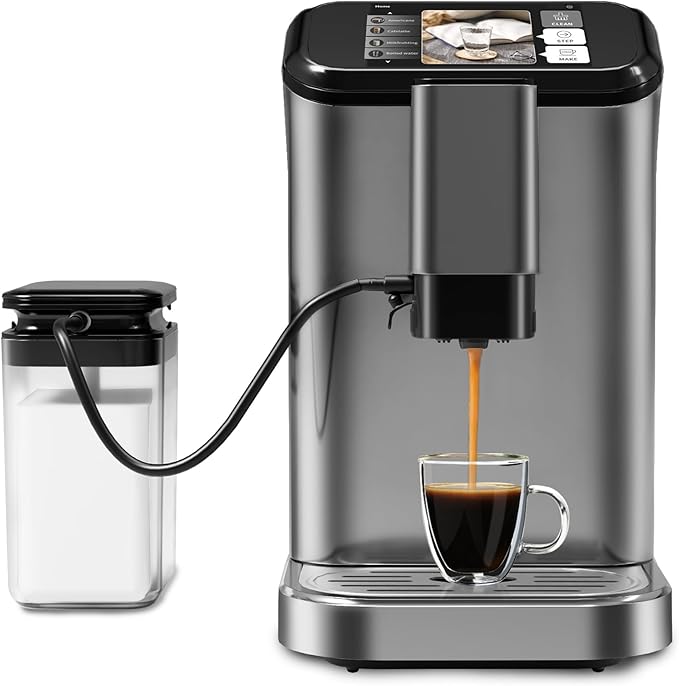 Fully Automatic Espresso Machine with Smart TFT Touchscreen, Brewing System and Automatic Milk Frothing System, 6 One-Touch Programs, 1.5L Detachable Water Tank for Home/Office Use, Grey