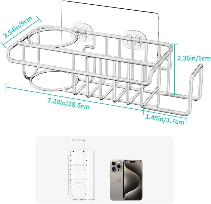 HapiRm 4 in 1 Sink Caddy Sponge Holder, SUS304 Stainless Steel Kitchen Brush Holder + Dish Cloth Hanger + Soap Rack + Sink Stopper Rack + Sponge Caddy for Kitchen - Silver
