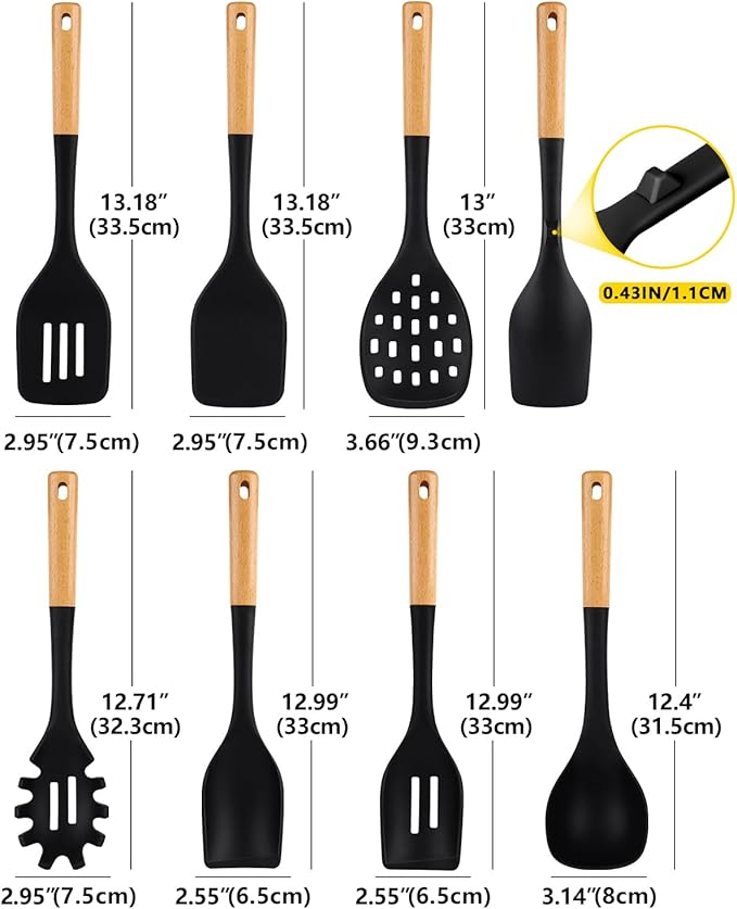 Silicone Kitchen Utensil Set for Non Stick Cookware, 7 Pcs Heat Resistant Cooking Utensils with Wooden Handle, BPA Free Kitchen Tools with Spatulas, Spoons, Skimmer and Pasta Fork (BLACK)