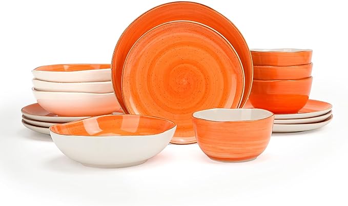 Highland 16-Piece Dinnerware Set Service for 4, Organic Shape Stoneware Plates and Bowls Set, Scratch Resistant, Microwave and Dishwasher Safe, Speckled Effect Handcrafted, Swirl Orange