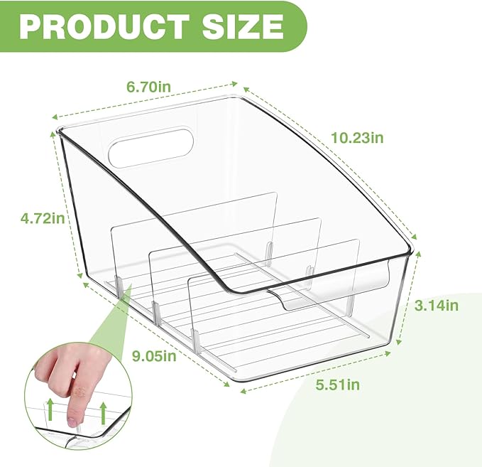4 Pack Clear Pantry Organizer Storage Bins Removable Snack Organizer Plastic Cabinet Organizers Racks with 3 Dividers, Refrigerator Bins, Kitchen Storage