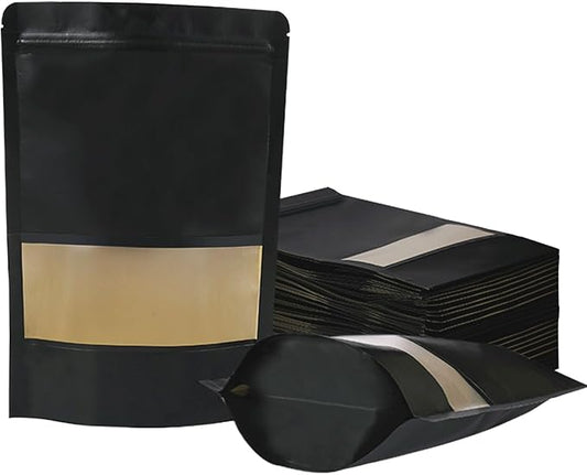 100 PCS Resealable Bags, Stand Up Kraft Paper Bags with Matte Window, Zipper Lock Food Storage Bags for Small Business and Home, 4.72 * 7.87 Inch Reusable Sealable Bags for Packaging -Black