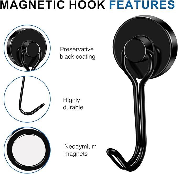 LOVIMAG Hooks, 40lbs+ Magnetic Magnet Hook 2025 Cruise Cabin Ship Essentials Heavy Duty Strong Refrigerator Fridge Hanging for Classroom Beach Vacation Kitchen Grills Home Mug Hanger (6 Pack), Black