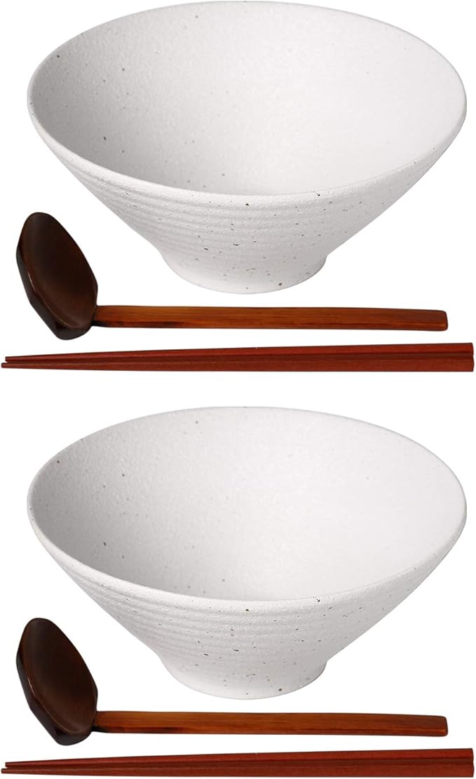 Kanwone Ceramic Japanese Ramen Bowl Set, Noodle Soup Bowls - 37 Ounce, with Matching Spoons and Chopsticks for Udon Soba Pho Asian Noodles, Set of 2, White
