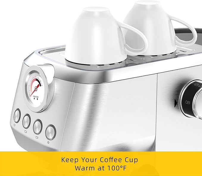 CM1663 Espresso Machine, 20 Bar Compact Coffee Maker with Milk Frother Steam Wand for Cappuccino, Latte, Professional Pressure Gauge & 49oz Removable Water Tank for Home，Stainless Steel