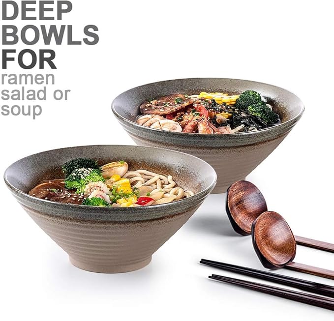 NJCHARMS Ceramic Ramen Bowls set, Noodles Soup Bowls, 2 Sets (6 Piece) 60 Ounce, Large Japanese Ceramic Ramen Bowl with Spoons and Chopsticks for Salad, Udon Pho Asian Noodles, Imitation pottery