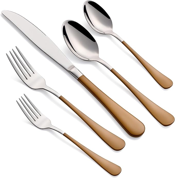 20-Piece Brown Silverware Set for 4, 18/0 Stainless Steel Flatware Cutlery Utensils Set, Include Dinner Knives,Dinner Forks,Dinner Spoons,Salad Forks,Teaspoons,Dishwasher Safe