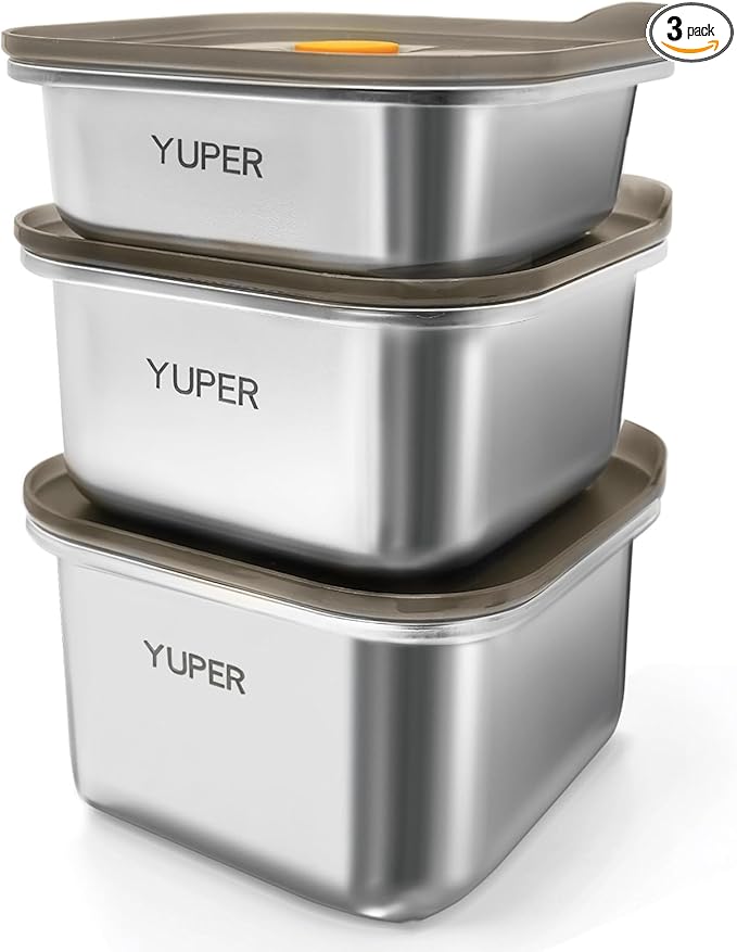 YUPER Stainless Steel Food Containers, Meal Prep Container, Bacon Cheese Sandwich Container for Refrigerator, Stainless Steel Containers with Airtight Lids, 3 Pack (17+27+33OZ)