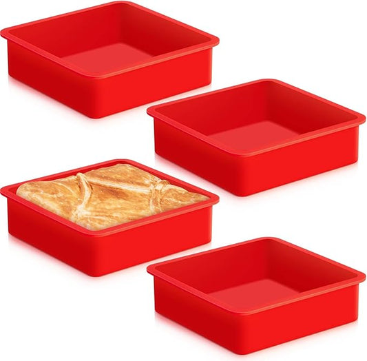 Geetery Set of 4 Silicone Square Cake Pan Silicone Brownie Pan Nonstick Baking Mold for Muffin Bread Rice Crispy Lasagna Pie, Red(6 x 6 x 2 Inches)