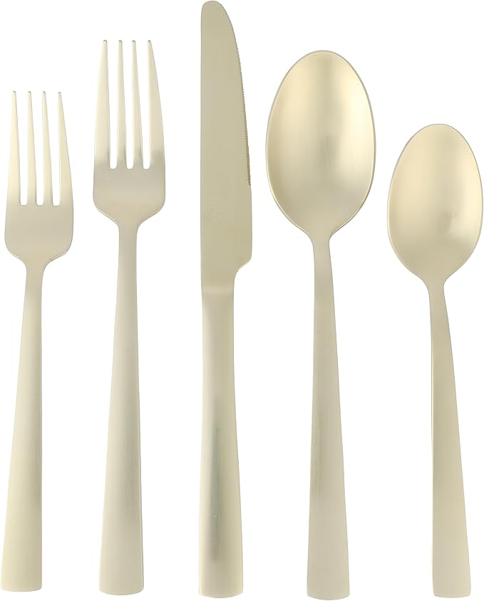 Gibson Elite Earlston 20-Piece Flatware Silverware Set - Stainless Steel Utensils - Forks, Spoons, Knives - Service for 4 - Matte Champagne Gold