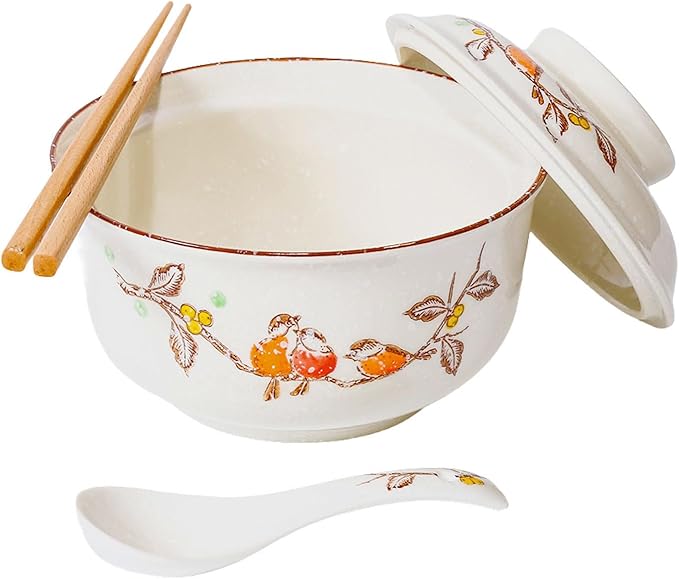 Ceramic Ramen Bowl Set, 800ml, with Lid, Spoon and Chopsticks, Japanese Vintage Large Soup Bowls Instant Noodle Bowl Asian Tableware (Bird*1)