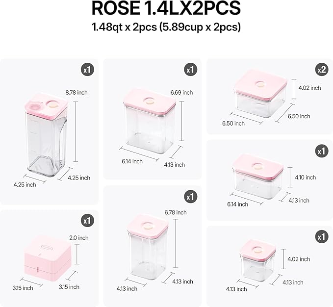 VAKUEN Premium Airtight Food Storage Containers ROSE 8P/SET, 6pcs Container, 1pcs Water Pitcher and Vacuum Sealer. Patented Double Silicone Lining, 100% Leak Proof, BPA-FREE
