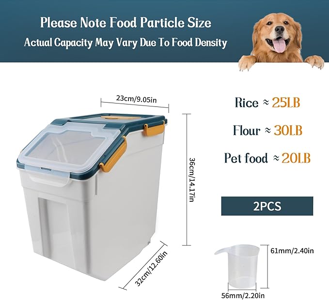 Large Flour Storage Container Bin 25lb, 2Pack Airtight Rice Storage Containers with Wheels Seal Locking Lid, BPA Free with Measuring Cup&Scoop for Flour, Rice, Grain(Blue)