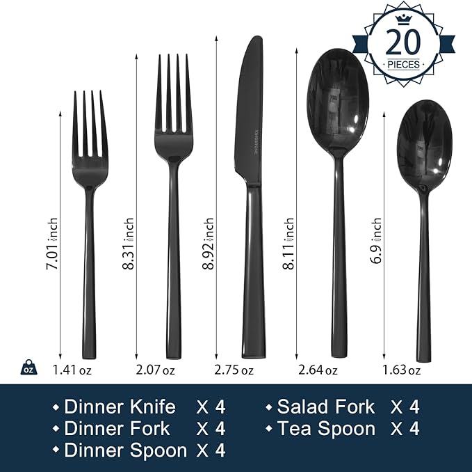 KINGSTONE Black Silverware Set, 20-Piece Forged Flatware Set Cutlery Set Premium Stainless Steel, Service for 4, for Kitchen, Home, Wedding, Party, Mirror Polished and Dishwasher Safe