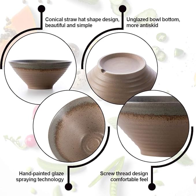 NJCHARMS Ceramic Ramen Bowls set, Noodles Soup Bowls, 2 Sets (6 Piece) 60 Ounce, Large Japanese Ceramic Ramen Bowl with Spoons and Chopsticks for Salad, Udon Pho Asian Noodles, Imitation pottery