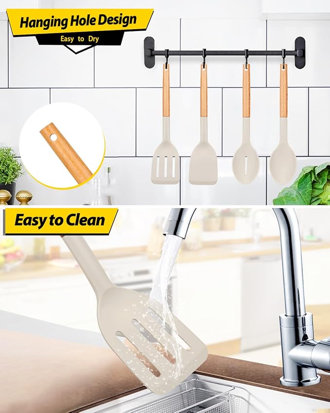 Pack of 4 Silicone Cooking Utensils Set, Non Stick Solid Spatulas and Heat Resistant Slotted Spoons with Wooden Handle, Ideal Wood Kitchen Utensils Set for Frying,Serving,Turning,Stirring (KHAKI)