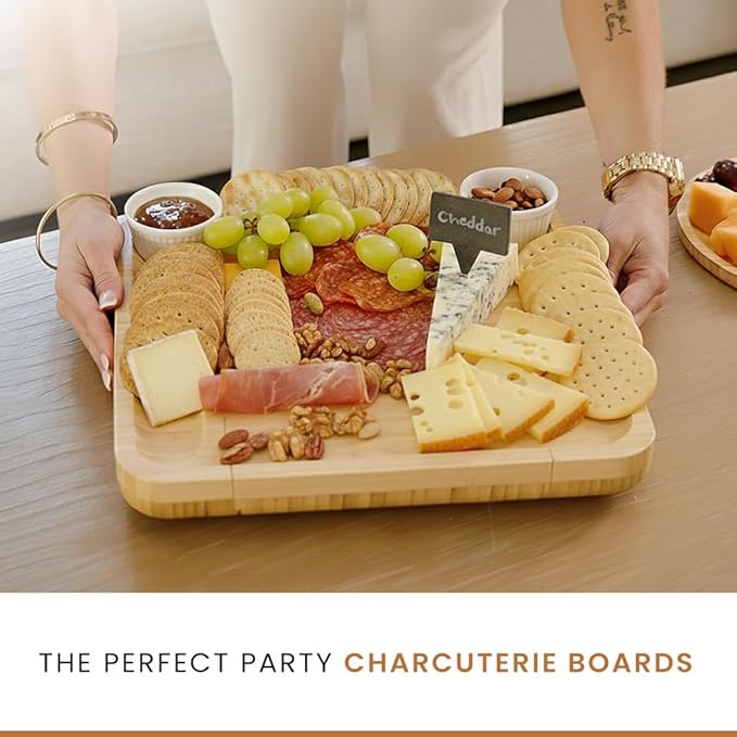 Leaf & Grain Charcuterie Board Set with Accessories Drawer - Real Bamboo Cheese Board & Stainless Steel Knife Set, Large Meat & Cheese Platter for Parties & Gifts - Natural