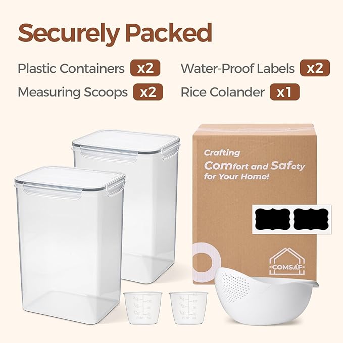 ComSaf Rice Container Set of 2(9.5L/10Qt), Large Airtight Food Storage Containers with Lid and Rice Washer, Plastic Canisters Sets for The Kitchen, Pantry Organizers for Flour, Cereal and Cooking