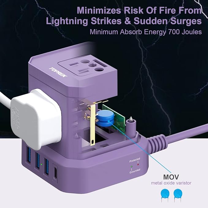 Power Strip with USB, TOPREK 10 FT Extension Cord with Flat Plug, 5 AC Outlet 4 USB, Compact Desk Charging Station for Home Office, Dorm, Hotel, Travel, 700J Surge Protection