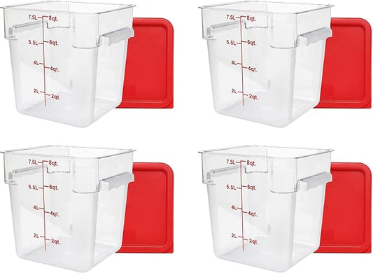 Tiger Chef 4 Pack Food Storage Container with Red Lid Commercial Grade in 8.0 Qt - Square, Clear, Polycarbonate