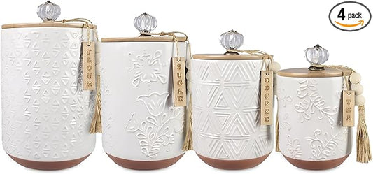 Youngs 21207 Ceramic Canister with Wood Lid and Silicon Seal, Crystal Knob and Blessing Bead Tassel Accent, 4-piece Set