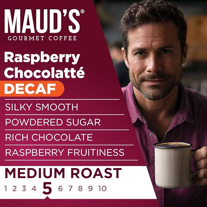 Maud's Decaf Raspberry Chocolate Flavored Coffee Pods, 18 ct, Decaffeinated Medium Roast Flavored Coffee in Recyclable Single Serve Pods – 100% Arabica Beans, Compatible with Keurig K Cups Maker