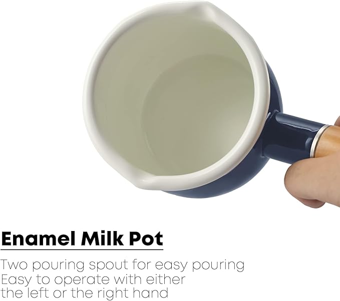 0.6qt Mini Enamel Milk Pot Insulated Wooden Handle 2 Pour Spouts Small Food Warmer Cute Saucepan (D015,BLACK)