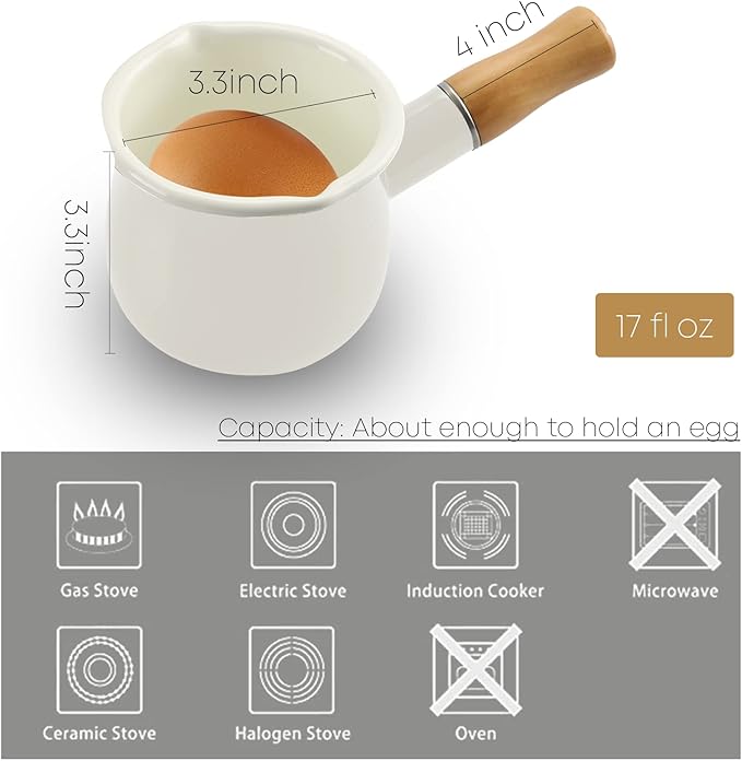 0.6qt Mini Enamel Milk Pot Insulated Wooden Handle 2 Pour Spouts Small Food Warmer Cute Saucepan(D015,White)