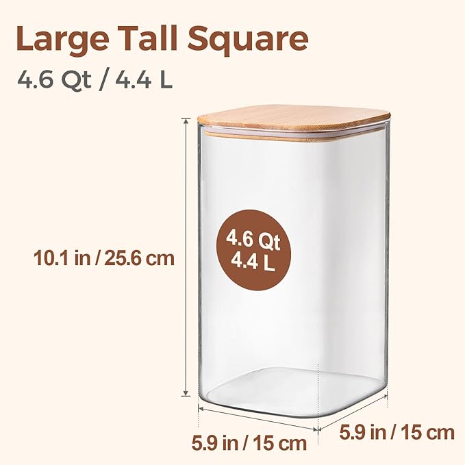 ComSaf 4.6Qt Glass Food Storage Containers, 1.2 Gallon Glass Flour and Sugar Containers with Airtight Lids, Large Square Jars with Bamboo Lids for Rice, Pasta, Oats, Grains, Cookies, Coffee Beans