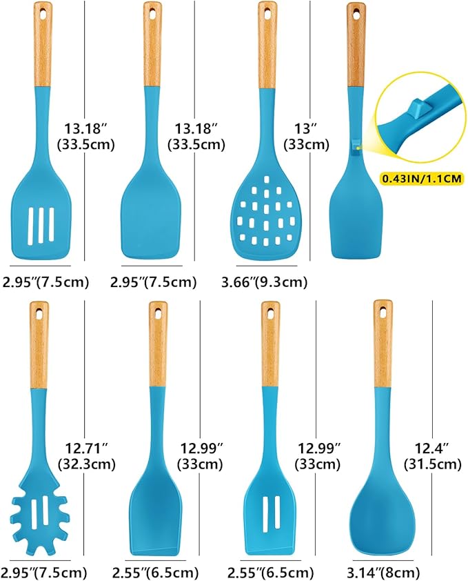 Silicone Kitchen Utensil Set for Non Stick Cookware, 7 Pcs Heat Resistant Cooking Utensils with Wooden Handle, BPA Free Kitchen Tools with Spatulas, Spoons, Skimmer and Pasta Fork (BLUE)
